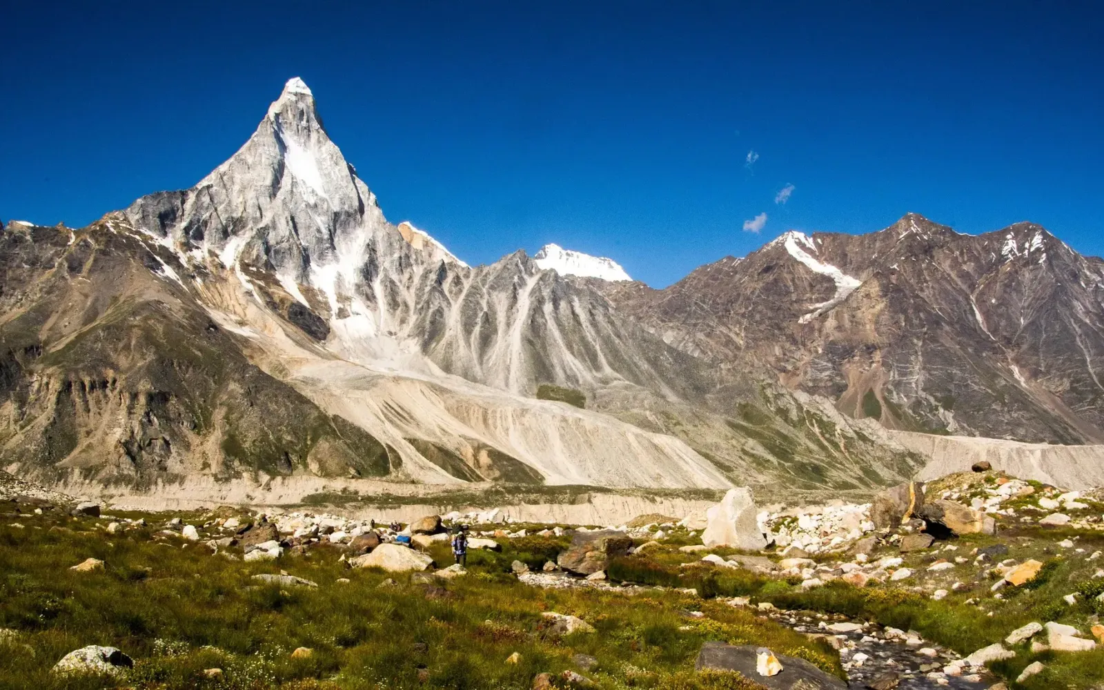 Mount Shivling seen from Nandanvan, a sharp pyramid of snow and rock above a green meadow with a lone trekker