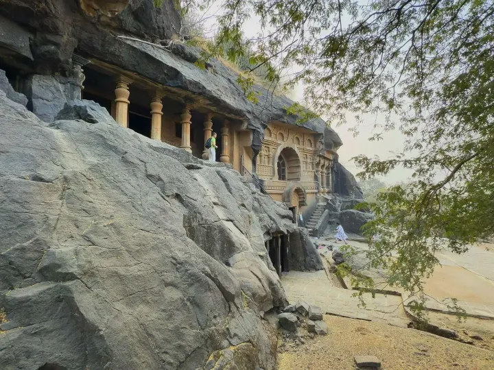 The rock-cut facade of the Pandavleni Buddhist caves above Nashik